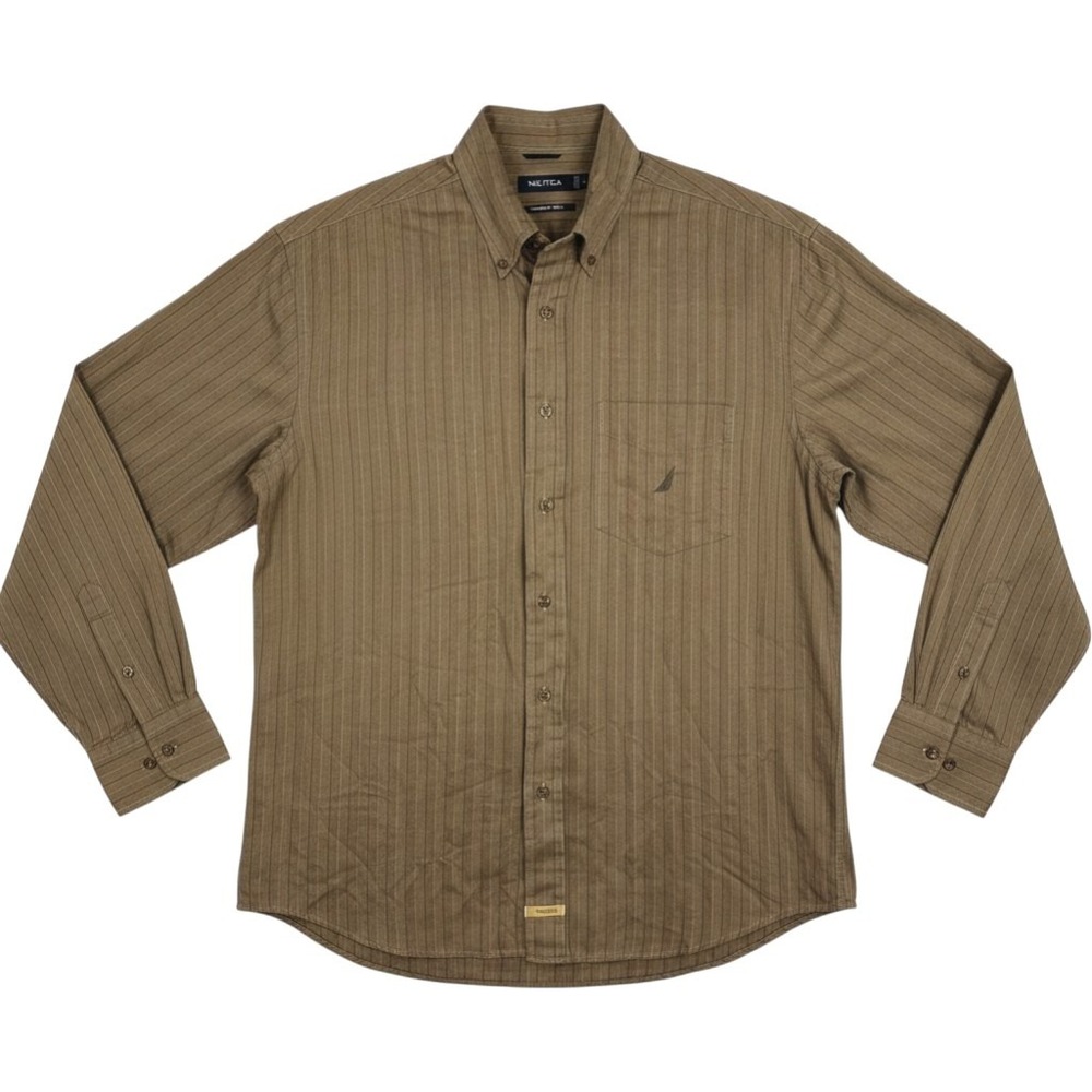 Nautica Mens Traveler Button Down Shirt Twill Brown Pinstripe  Large L Long Slv